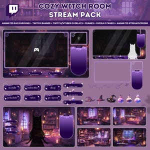 以下が含まれることがあります： 魔女をテーマにした、紫と白のTwitchストリームオーバーレイパック。パックには、アニメーション化された背景、バナー、オーバーレイ、フレーム、パネル、アニメーション化されたストリーム画面が含まれています。オーバーレイは、本棚、ろうそく、ポーションのある居心地の良い魔女の部屋を特徴としています。