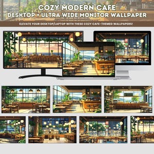Cozy Stream Cafe Lofi Desktop Wallpaper Monitor Ultra-Wide Ghibli Background Sfondo Estetico Rilassante per MacBook PC Windows Home Office