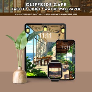 Paquete de fondos de pantalla digitales de Cozy Cliffside Cafe, estilo Cottagecore Lofi, para iPad, iPhone, Android, tableta y reloj