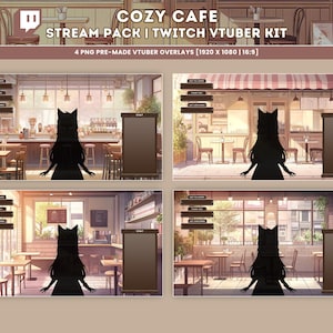 Peut inclure: Quatre superpositions num&eacute;riques pour les streamers Twitch, mettant en sc&egrave;ne un caf&eacute; confortable avec un comptoir en bois brun, des tables, des chaises et des fen&ecirc;tres. Les superpositions sont con&ccedil;ues pour &ecirc;tre utilis&eacute;es avec des YouTubers virtuels, avec une silhouette d'un personnage aux oreilles de chat au centre de chaque superposition.