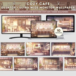 May include: A collection of 10 digital desktop and ultra-wide monitor wallpapers featuring a cozy cafe setting with warm lighting and a light brown color scheme. The wallpapers feature a variety of cafe scenes, including a counter with bar stools, tables with chairs, and windows with a view of the street.