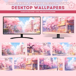 Könnte beinhalten: Zehn digitale Desktop-Hintergründe mit einer rosa Kirschblütenstadt. Die Hintergründe sind in Standard- und Ultra-Wide-Formaten verfügbar.