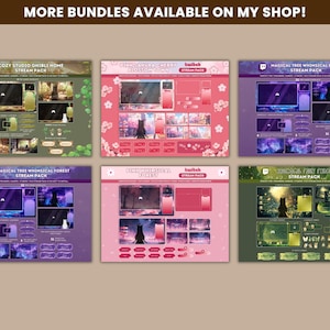 Peut inclure: Six designs diff&eacute;rents de packs de diffusion Twitch avec des th&egrave;mes vari&eacute;s. Les designs comprennent un studio confortable, une for&ecirc;t fantaisiste et un th&egrave;me de fleurs de cerisier rose et blanc. Chaque design comprend une vari&eacute;t&eacute; d'&eacute;l&eacute;ments tels qu'un cadre de webcam, une bo&icirc;te de chat et des alertes.