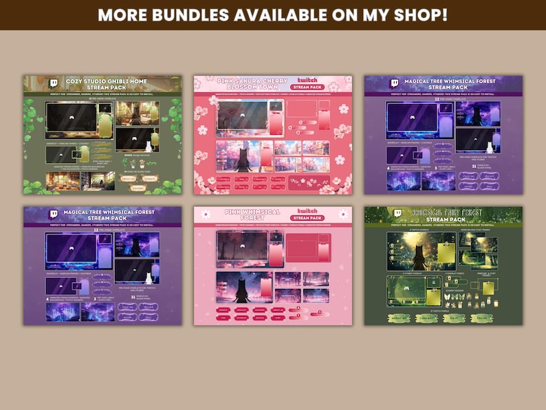 Peut inclure: Six designs diff&eacute;rents de packs de diffusion Twitch avec des th&egrave;mes vari&eacute;s. Les designs comprennent un studio confortable, une for&ecirc;t fantaisiste et un th&egrave;me de fleurs de cerisier rose et blanc. Chaque design comprend une vari&eacute;t&eacute; d'&eacute;l&eacute;ments tels qu'un cadre de webcam, une bo&icirc;te de chat et des alertes.
