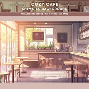 May include: An illustration of a cozy cafe interior with a large window, wooden tables and chairs, a counter with a coffee machine, and shelves stocked with coffee beans and other supplies. The cafe is bathed in warm sunlight.
