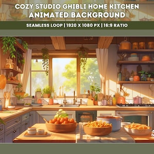 May include: A cartoon-style kitchen with a large window, wooden cabinets, and a countertop with bowls of fruit and pasta. The kitchen is decorated with plants and has a warm, inviting atmosphere.