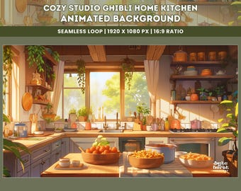 Studio Ghibli Cozy Animated Kitchen Background Cozy Cottagecore Lofi Seamless Loop for YouTube, Twitch, VTuber, Streamer Animated Background