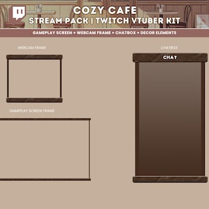 Peut inclure: Un pack de diffusion Twitch VTuber avec un design de cadre en bois brun. Le pack comprend un cadre de webcam, un cadre d'&eacute;cran de jeu et une bo&icirc;te de chat avec le mot "CHAT" dessus.