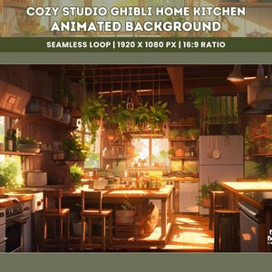 May include: A cozy kitchen with a rustic wooden design, featuring a large window, hanging plants, and a wooden table with chairs. The kitchen is filled with natural light and has a warm, inviting atmosphere. The text "COZY STUDIO GHIBLI HOME KITCHEN ANIMATED BACKGROUND SEAMLESS LOOP | 1920 X 1080 PX | 16:9 RATIO" is displayed at the top of the image.
