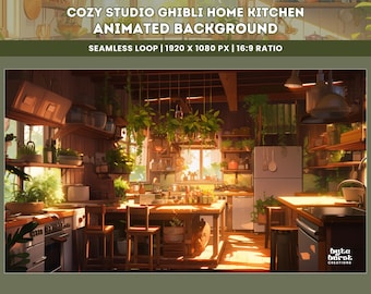 Animated Kitchen Background in Studio Ghibli Style Cozy Cottagecore Lofi Seamless Loop YouTube Twitch VTuber Streamer Animated Background