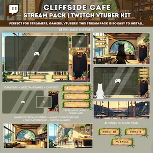 Cozy Cliffside Cafe Animated Stream Pack Cottagecore Ghibli Overlay for Twitch Vtuber OBS YouTube Streaming Background Animated Background