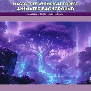 Sfondo animato con albero magico viola Foresta stravagante Loop senza soluzione di continuità per Twitch, VTuber, YouTube e sfondo per riunioni virtuali fantasy