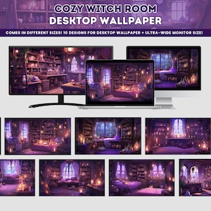 May include: A digital illustration of a cozy witch's room with a bookshelf filled with potions, candles, and a bed with purple blankets. The room has a large window with a view of a starry night sky. The text "COZY WITCH ROOM DESKTOP WALLPAPER" is at the top of the image.