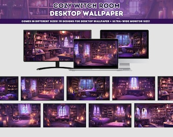 Purple Dark Goth Whimsical Witch Room Desktop Wallpaper Ultra-Wide Monitor Background Wallpaper Lofi Cozy Wallpaper Mac Windows Wallpaper