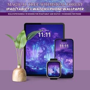 Albero magico Foresta stravagante iPad Tablet Telefono Orologio Sfondo viola iPhone Android Estetico Anime Lofi Accogliente Fantasy Sfondo