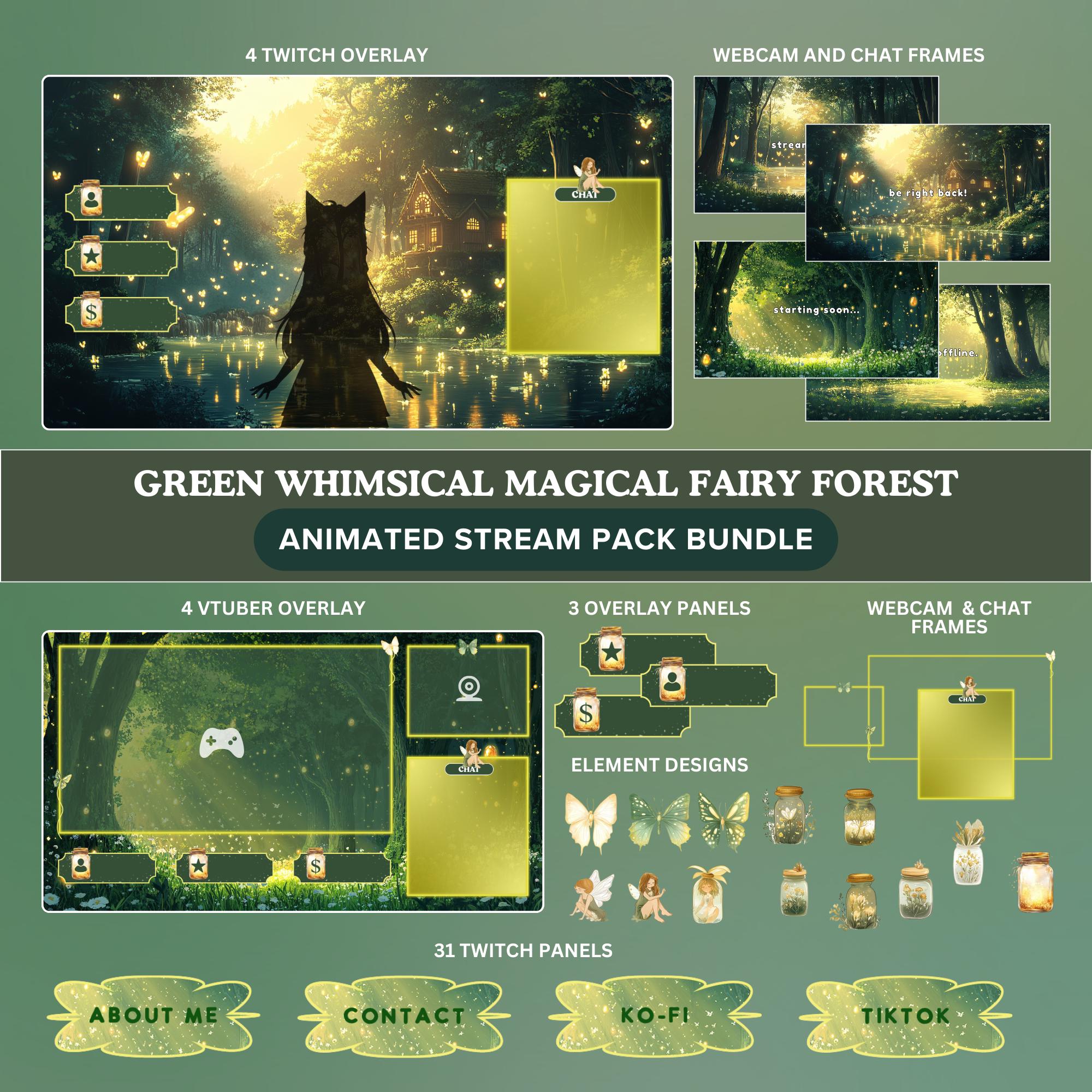 Green Whimsical Fairy Magical Forest Stream Overlay Package | Fantasy Lo-fi Cottagecore Twitch Vtuber Overlay for Streamers