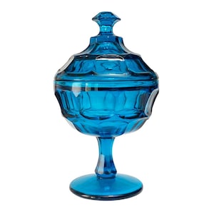 Stunning MCM Westmoreland Blue Glass Dish with Pedistal and Lid - Glass Collection