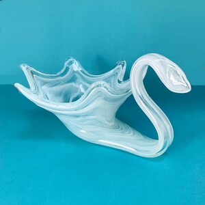 Vintage Hand Blown Glass Swan Bowl in Blue and White - Handmade Art Glass