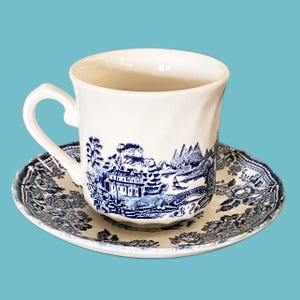 Two Blue and White Churchill England Set of Tea Cups with Saucers - Tea Time - Fancy - Collectible China