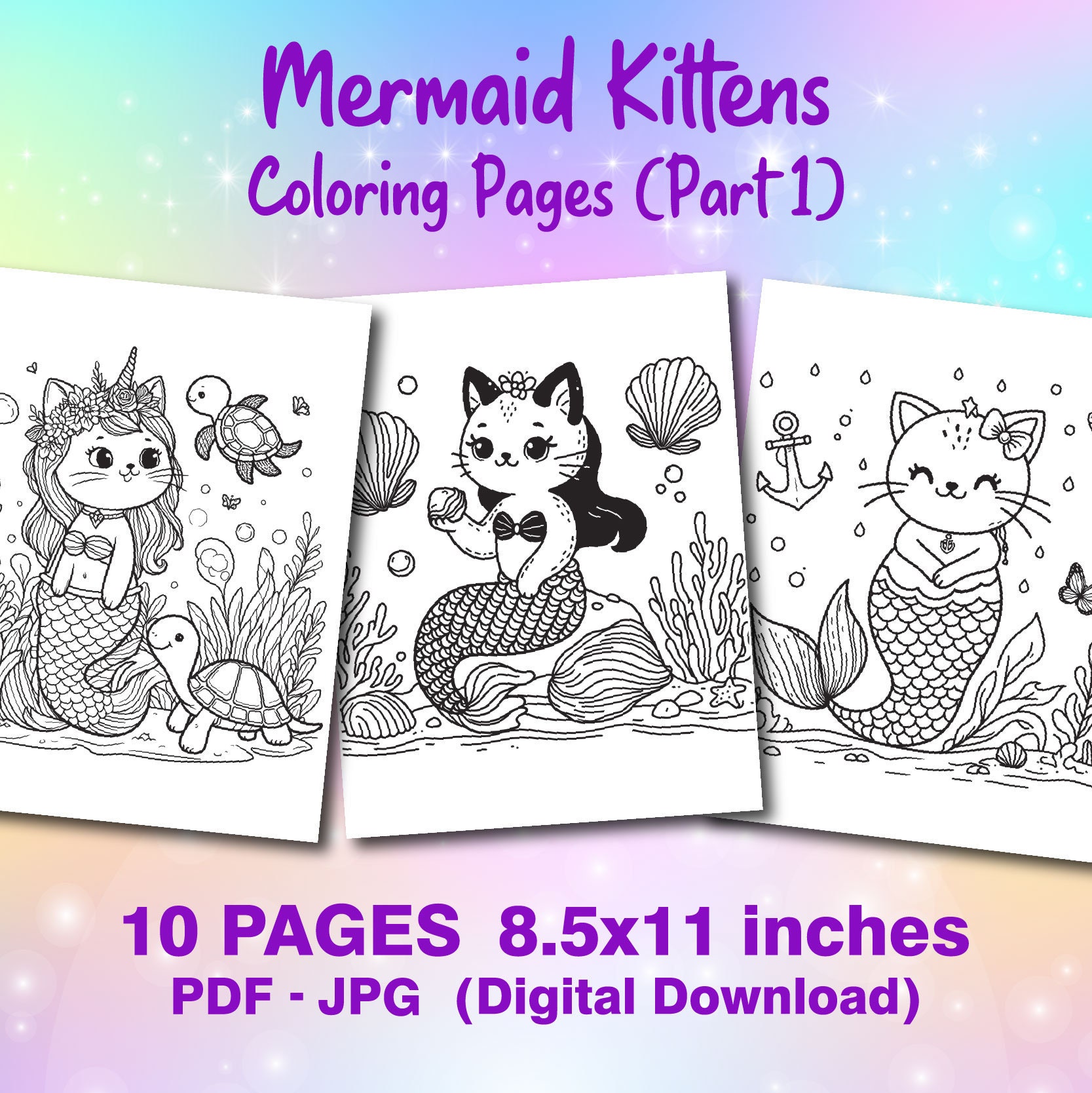 Mermaid kittens coloring pages for kids part 1 printable pdf etsy