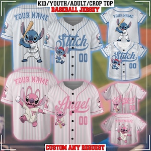 Custom Disney Lilo and Stitch Baseball Jersey, Stitch Baseball Jersey, Stitch And Angel, Disney Stitch Kid Adult CropTop Baseball Jersey