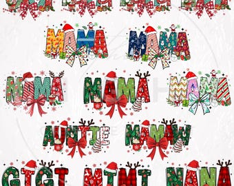 Christmas Mama Coquette Png Bundle, Mama Claus png, Christmas Tree Cake, Doodle Letters Xmas Bow, Candy Cane Santa, Christmas Coquette Bow