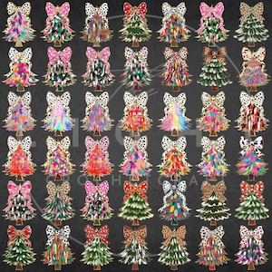 Girly Christmas Tree Bundle Png, Colorful Coquette Glitter Christmas Png, Dalmatian Dots Bow Print, Tree Design Dtf, Christmas Tree Coquette