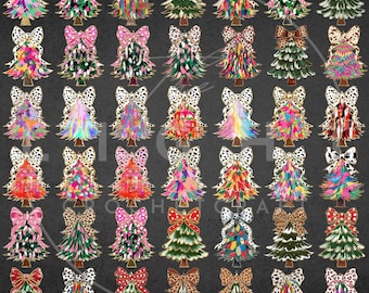 Girly Christmas Tree Bundle Png, Colorful Coquette Glitter Christmas Png, Dalmatian Dots Bow Print, Tree Design Dtf, Christmas Tree Coquette