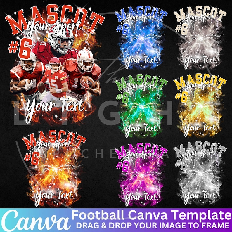 Pu&ograve; includere: Una collezione di modelli Canva a tema calcio. Ogni design presenta le parole "MASCOT" e "Your Sport" in grassetto, il numero "6" e spazio per testo personalizzato. I design sono su uno sfondo scuro con effetti di fuoco o elettrici.