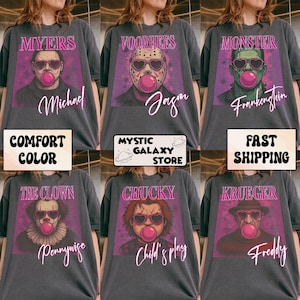 Comfort Colors® Cute Horror Bubblegum T-Shirt, Funny Spooky Halloween Characters Tee, Retro Scary Movie Shirt, Creepy Cute Aesthetic Tee