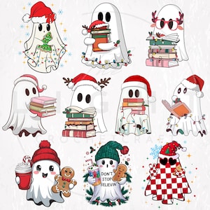 Peut inclure: Plusieurs fantômes de dessins animés dans des tenues de Noël. Certains portent des chapeaux de Père Noël, des bois de rennes ou des lunettes, et tiennent des livres, des arbres de Noël ou des bonhommes en pain d'épices. Certains sont décorés de guirlandes lumineuses.