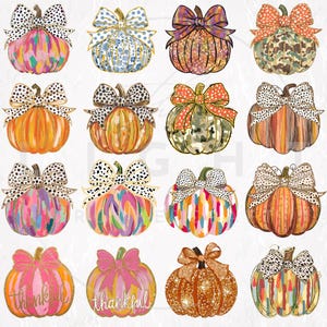 Colorful Coquette Gold Glitter Pumpkin Png, Girls Fall Pumpkin Design Dtf Halloween Bundle Png, Kids Fall Design Bow Acrylic Brushstroke