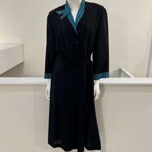 1940s Vintage Black Long Sleeve Vintage Dress | Rayon with Rhinestone Buttons | Size 12, Large