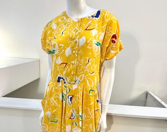 Vestido de secretaria vintage de los años 80 / Estampado floral amarillo y blanco / Talla 12 (grande) / Rodier Paris