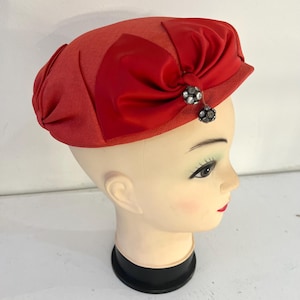 1960s Vintage Red Satin Hat with Bow Detail