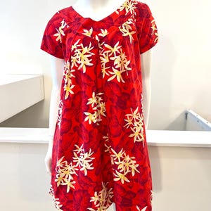 1960s Hawaiian Muumuu Dress: Red & White Plumeria Floral Print, Size Small