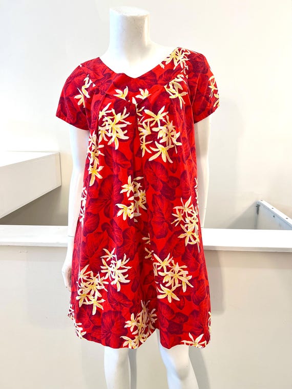 red muumuu dress Traditional Muumuu Dress Hawaii Leaf
