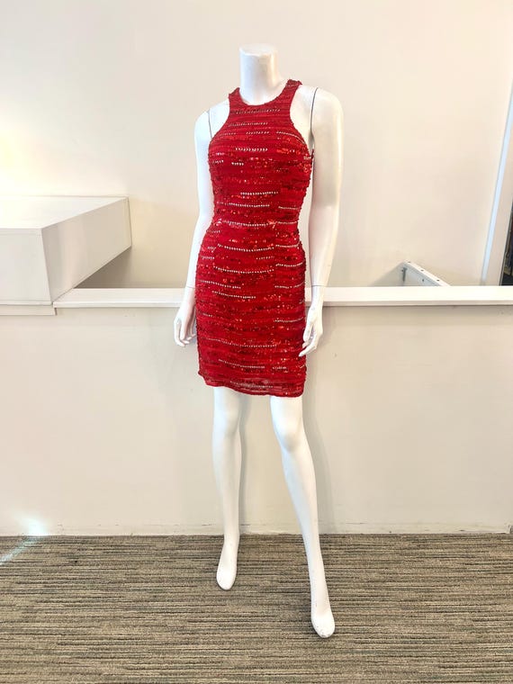 1990s Vintage Red Beaded Silk Mini Dress with Silver Sequins | Holiday Cocktail Dress