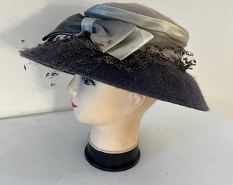 VTG 60s Black Fur Felt Bucket Hat Mod Suede Trim Monterey Sz  display picture 2