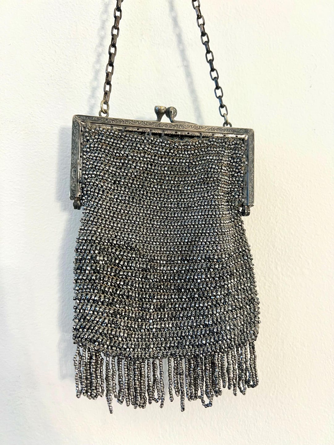 Antique 1910s Metallic Silver Beaded Fringe Evening Bag | Art Deco ...