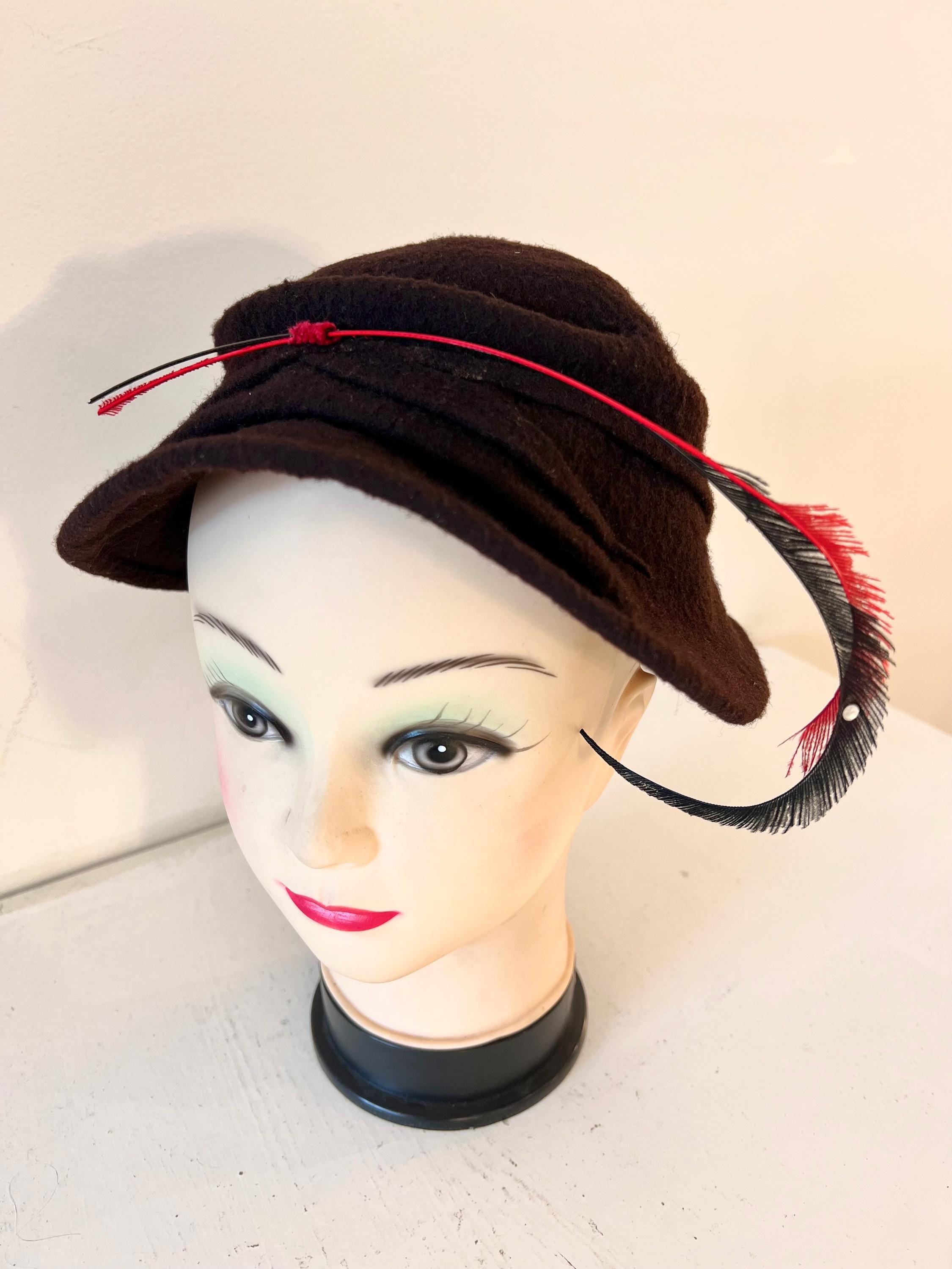 ELEGANT 1950s\' BLACK VELOUR FELT COCKTAIL HAT WITH RED FEATHER TRIM 1950s Black Velvet Cocktail Hat | Red Trim Fascinator - Etsy main image 2