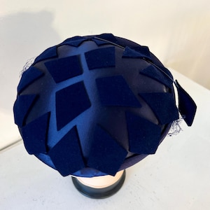 1950s Navy Satin Pillbox Hat: Vintage Veiled Cocktail Hat