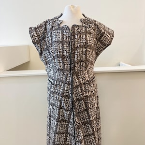 1950s Vintage Day Dress with Rhinestone Buttons  Cotton Abstract Print Dress White Black, and Grey Waist " Bust