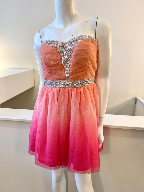 Y2K Hot Pink Ombr Party Dress: Beaded Strapless Mini - Size 4
