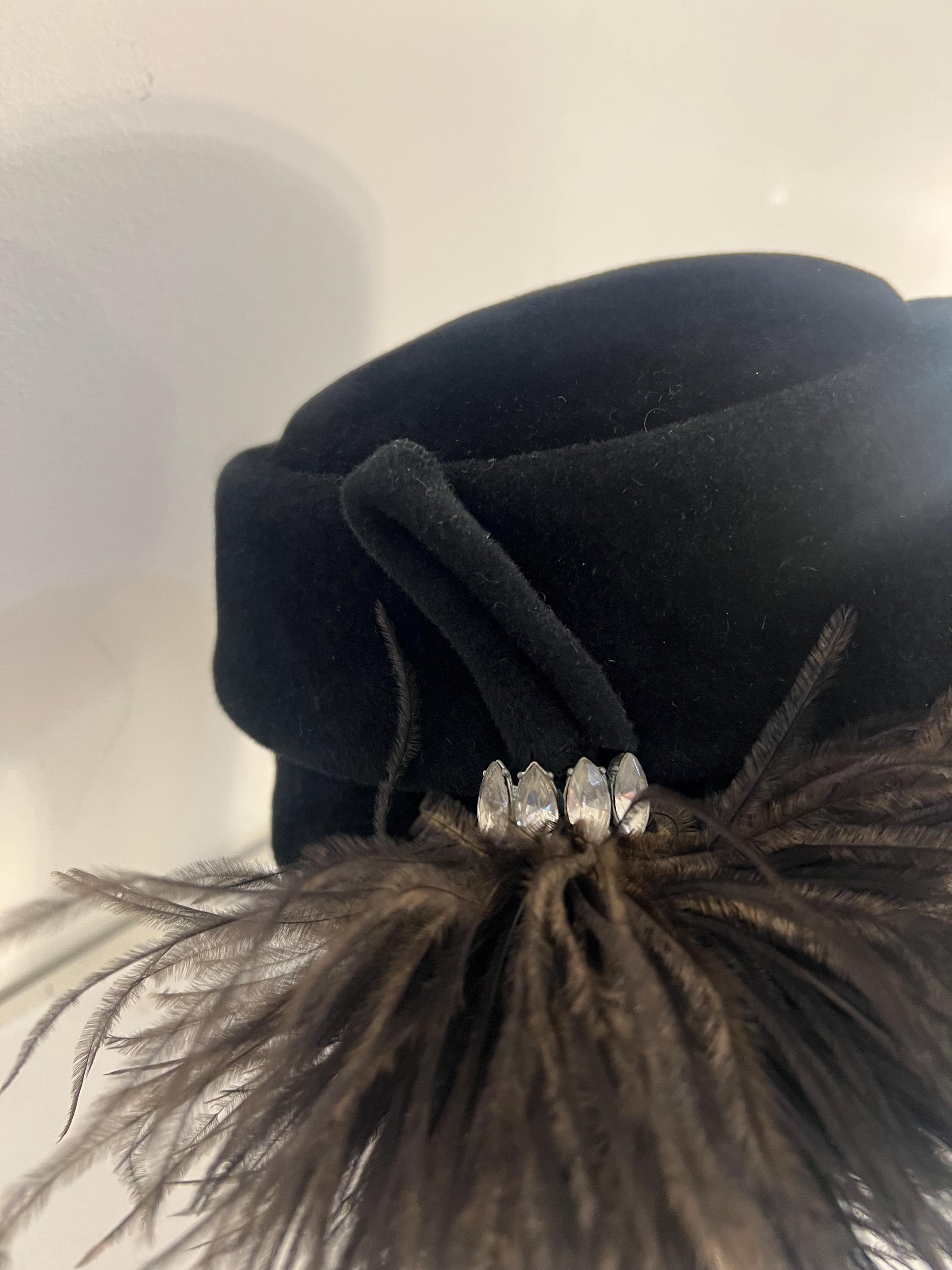 Vintage Black Ostrich Feather Trim Pillbox Hat - Women Accessories 1960s Vintage Black Wool Pillbox Hat With Ostrich Feather  main image 4