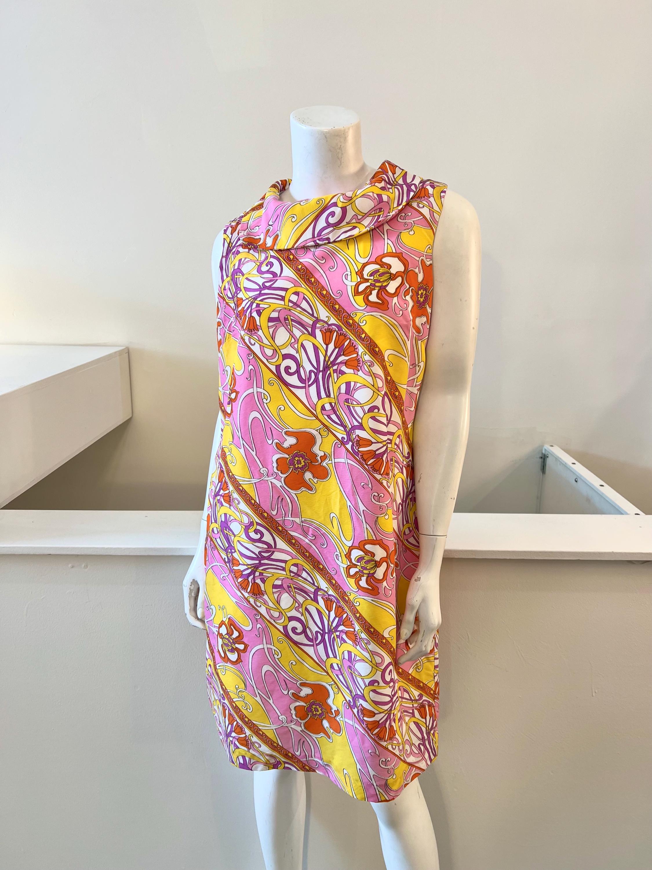 Jupe Longue (Maxi) Vintage Emilio Pucci - Imprimé Abstrait Jaune Et Rose - Taille 10 - Coton - Occasion Très Bon État