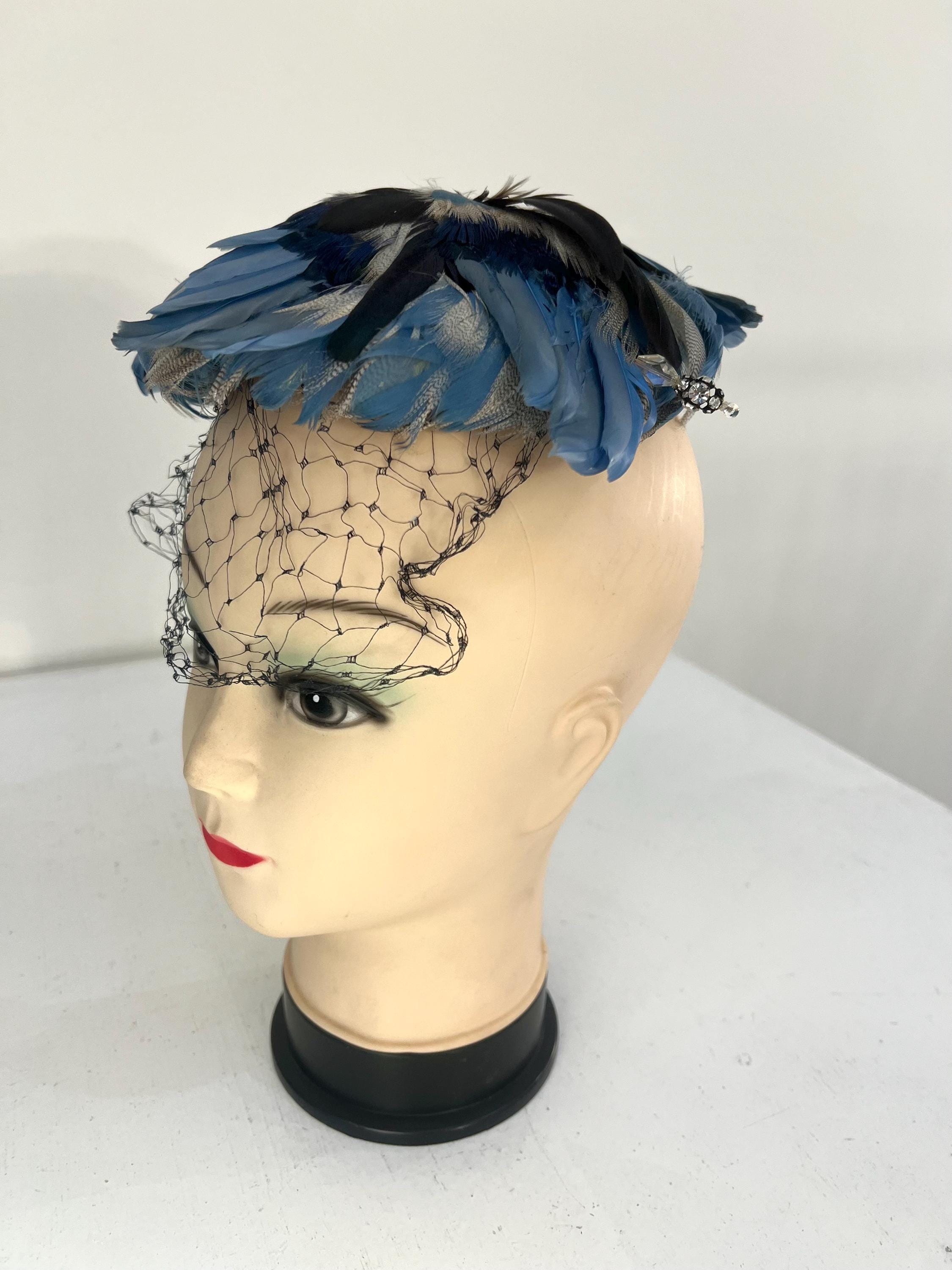 1950s Vintage Blue Feathered Fascinator Hat With Veil | Mid  display picture 2