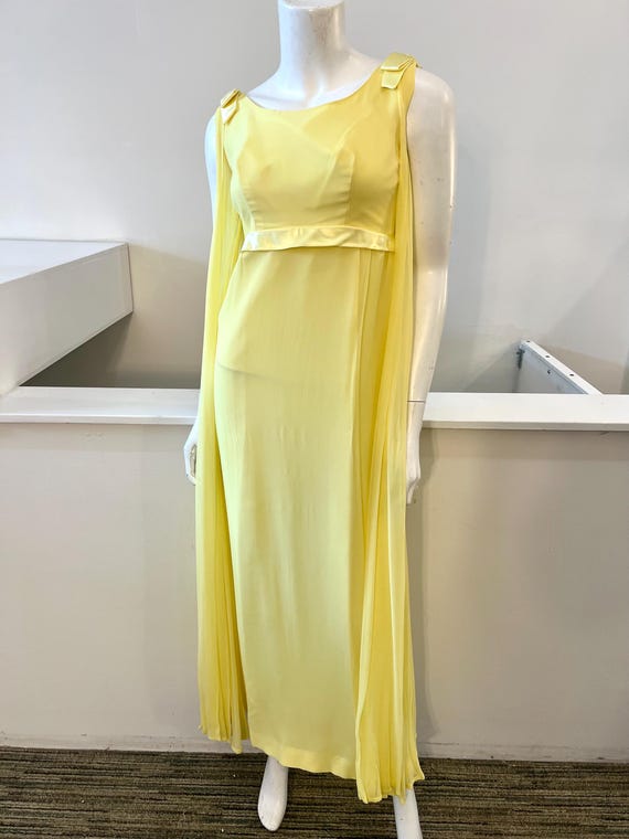 1960s Vintage Sunshine Yellow Empire Waist Gown With Chiffon Cape | Size 2 or XS 1960s Vintage Sunshine Yellow Empire Waist Gown With Chiffon Cape | Size 2 or XS