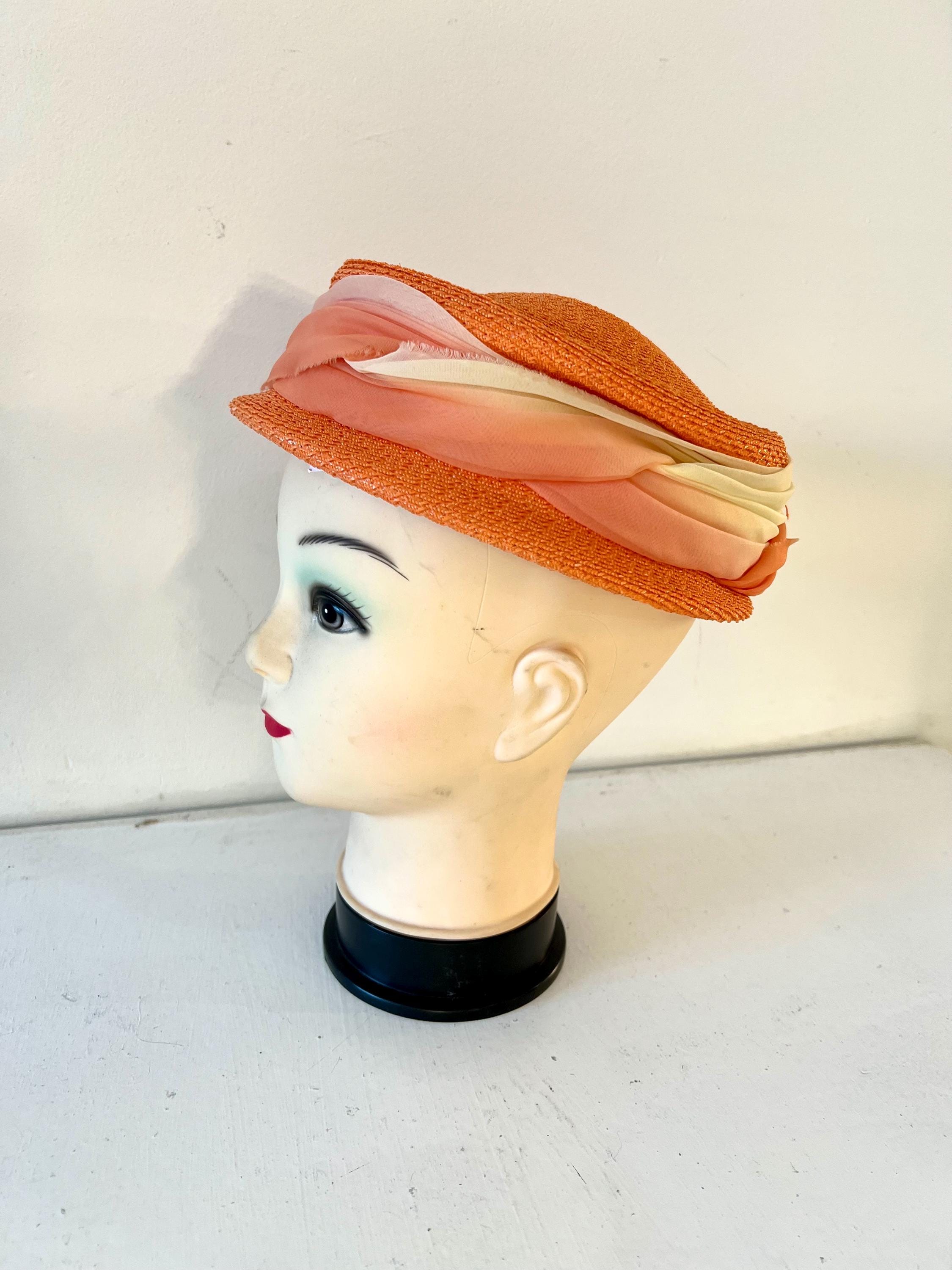 Vintage Orange Fischer Pillbox Hat w/ Feathers church hat pinup retro Orange Pillbox Hat - Etsy main image 2