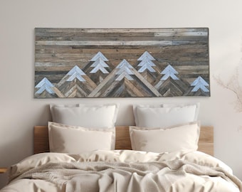 Reclaimed Wood Headboard, Mountain Geometric Wall Art — Wall Mount — Amish Handcrafted — King, Queen or Twin Size